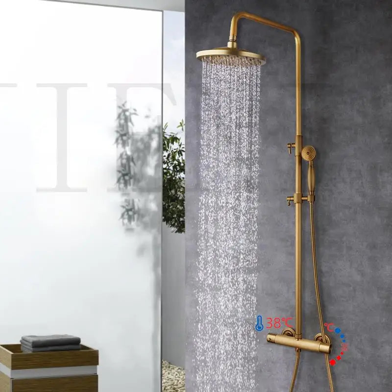 JIENI Bathroom Thermostatic Shower Faucet Set Antique Brass Wall Mounted Rainfall Shower Head W/ Single Handle Control Mixer Tap