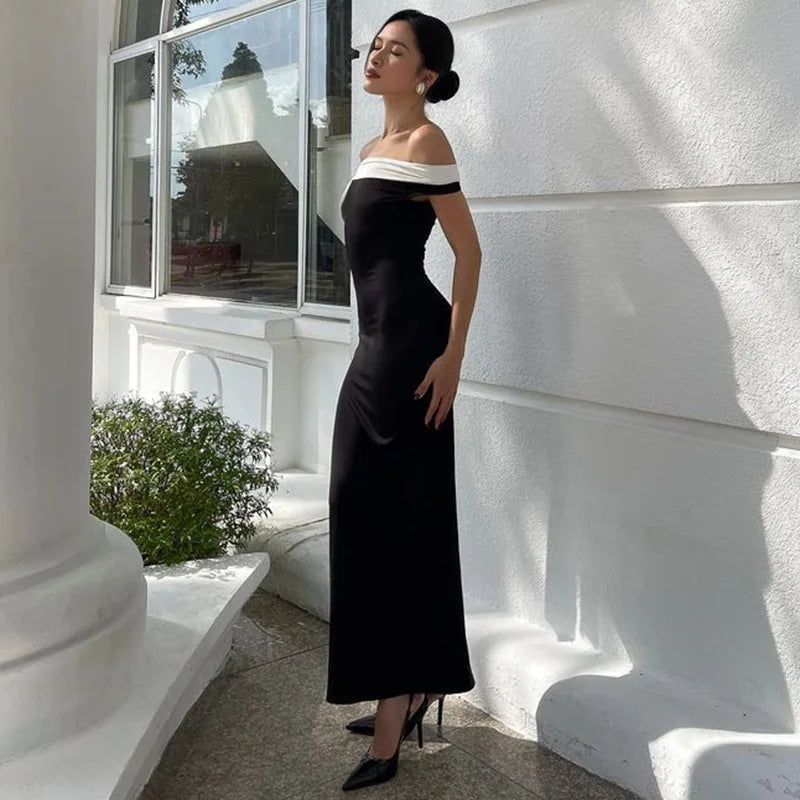 Hmsevenjz Black and White Bow Off Shoulder Long Dress for Women's Summer Sexy Slim Fit Short-sleeved Elegant Dress