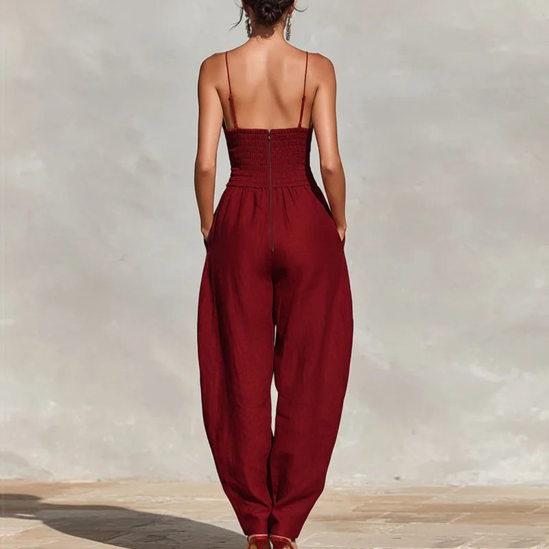 Elegant Sexy V-Neck Spaghetti Strap Jumpsuit Women High Waist Wide Leg Casual Romper Spring Boho Solid Backless Pockets Overalls