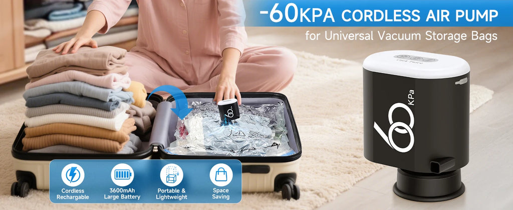 60Kpa Travel 3600mAh Cordless Electric Pump for Vacuum Storage Bags Rechargeable Air Pump Various Seal Space Saver Bag Clothing