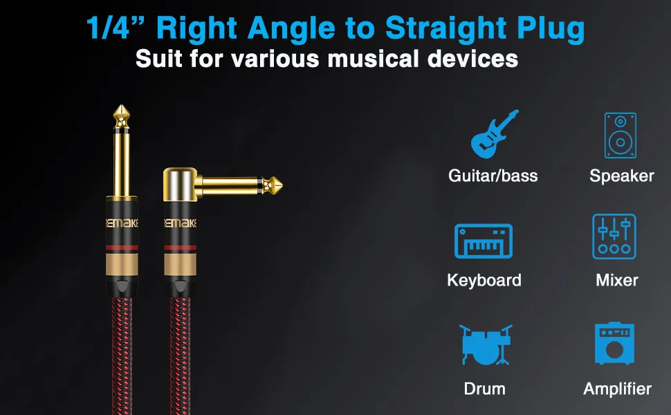 DREMAKE Premium 6.5mm to 6.5mm Guitar Audio Cable Mono 6.35mm Quarter Inch Male to Male Instrument Patch Cord for Bass E-Piano