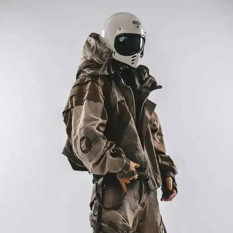 HKSH Autumn New Men's Hooded Distressed Patchwork Folded Waste Land Tactical Punk Techwear Shoulder Batwing Sleeve Jacket HK2392