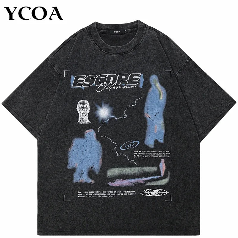 Men's T-Shirt Washed Black Vintage Streetwear Oversized Print Korean Fashion Cotton Graphic Escape Unisex Tops Tees Y2K Clothing