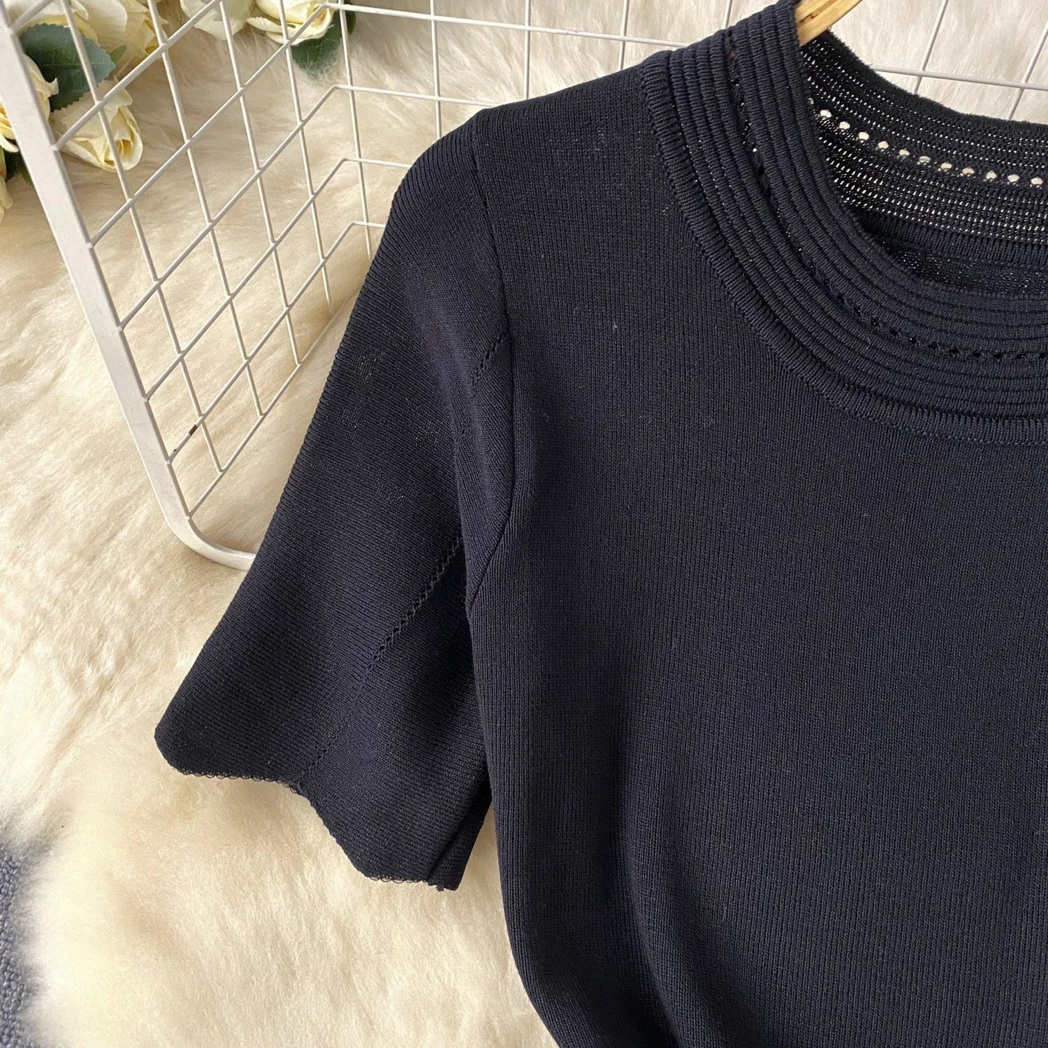 Red Senior Solid Knitting Dress Ladies O-Neck Short Sleeve Hollow Out Design Elastic Knitted Fashion Basic A-Line Dress