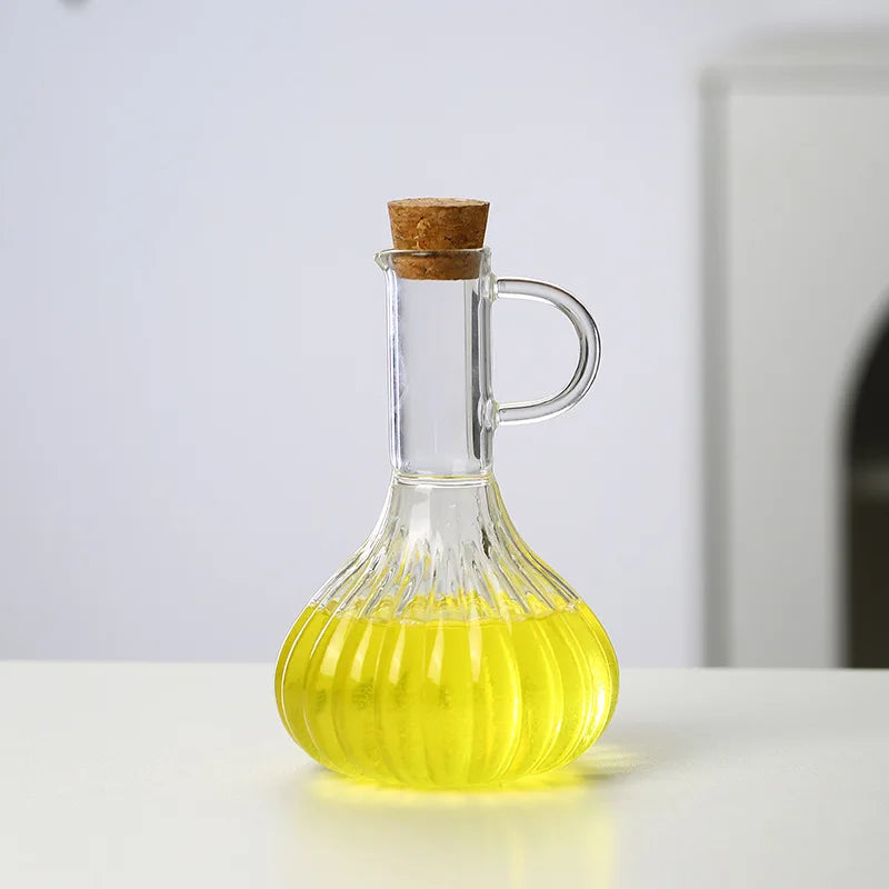 Household 300-350ml Heat-resistant Glass Oil Pot with Wooden Stand, Liquid Seasoning Bottle, Striped Sauce and Vinegar Oil Pot