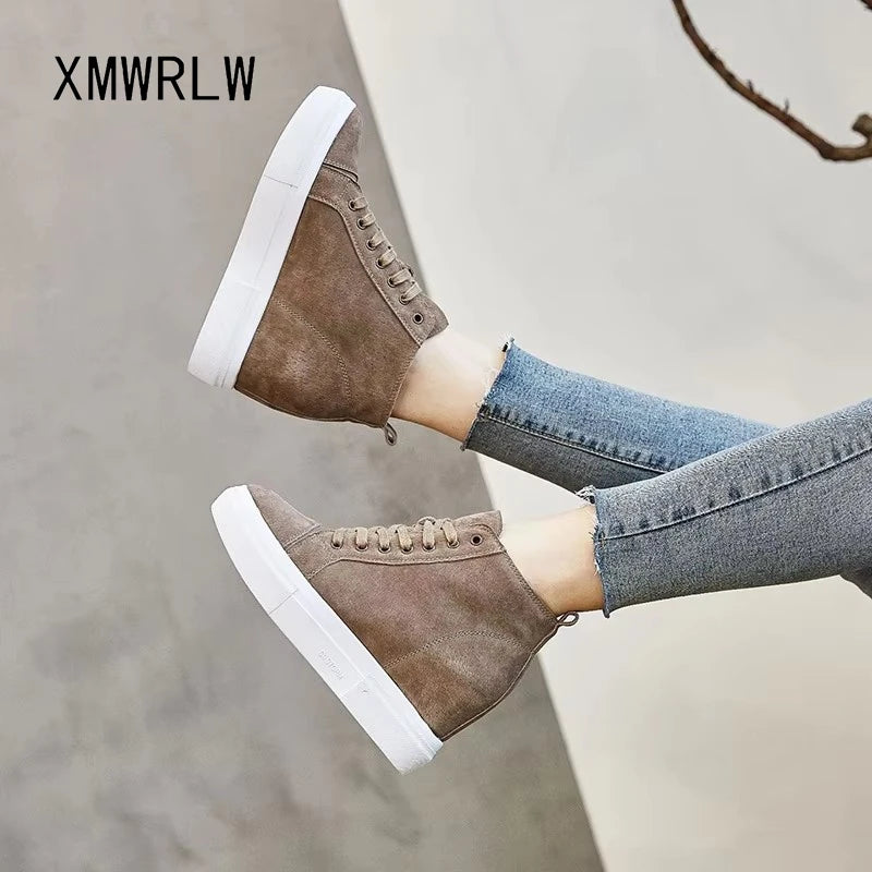 Women's Chunky Sneakers 2025 Winter Genuine Leather Hidden Heels Shoes Warm Plush Platform Sneakers Shoes For Woman Autumn Shoe