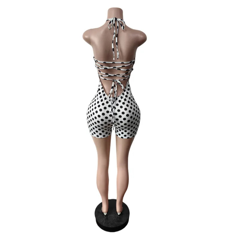 Retro Polka Dot Print Patchwork Bodycon Romper Women Halter Neck Backless Short Jumpsuit New 2026 Female Streetwear Sexy Overall