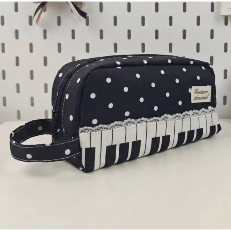 Polka Dot Piano Keyboard Backpack Back-to-school Girl Music Theme Embroidered Nylon Backpack Large Capacity Lightweight Backpack