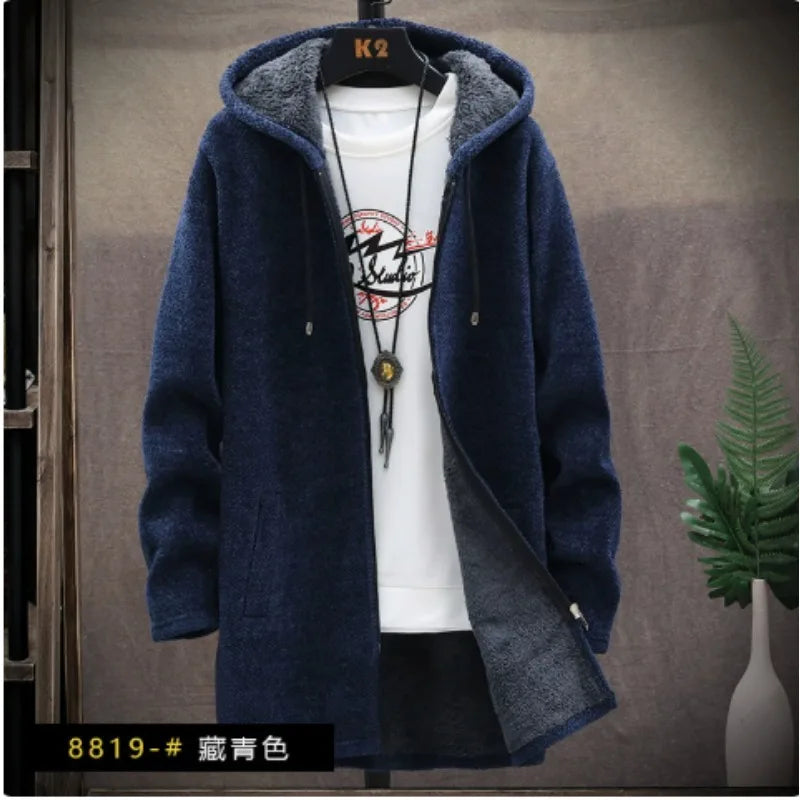 Mens Long Knit Cardigan Autumn Winter Sweater Coat Fleece Heavy Hooded Trench Coat Solid Chenille Men's Fashion Jacket
