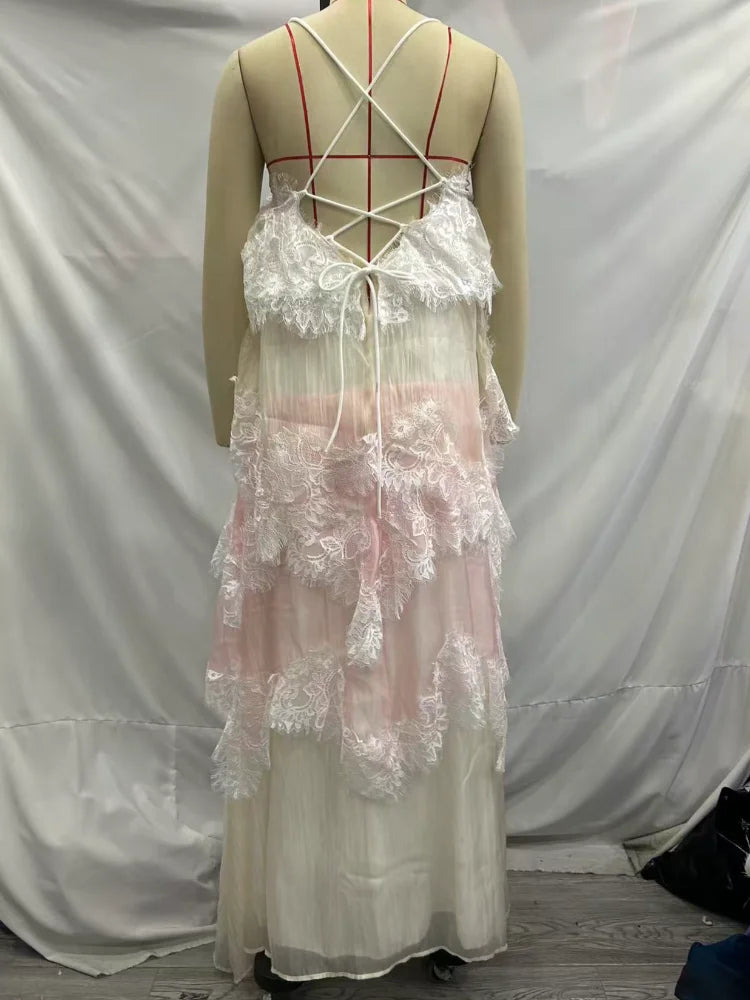 Romantic White Pink Tiered Lace Maxi Dress Spaghetti Straps Cross Back Tie Closure Flowy Skirt Women Date Party Vacation Outfit