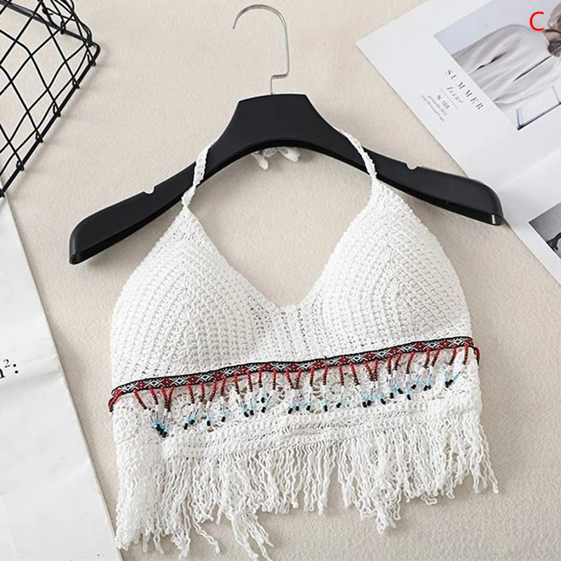 Sexy Boho Beach Vacation Camisole Women's Crochet Swimsuit Bra Halter Tank Top Hollow Fringe Cropped Tops Halter Neck Camisole
