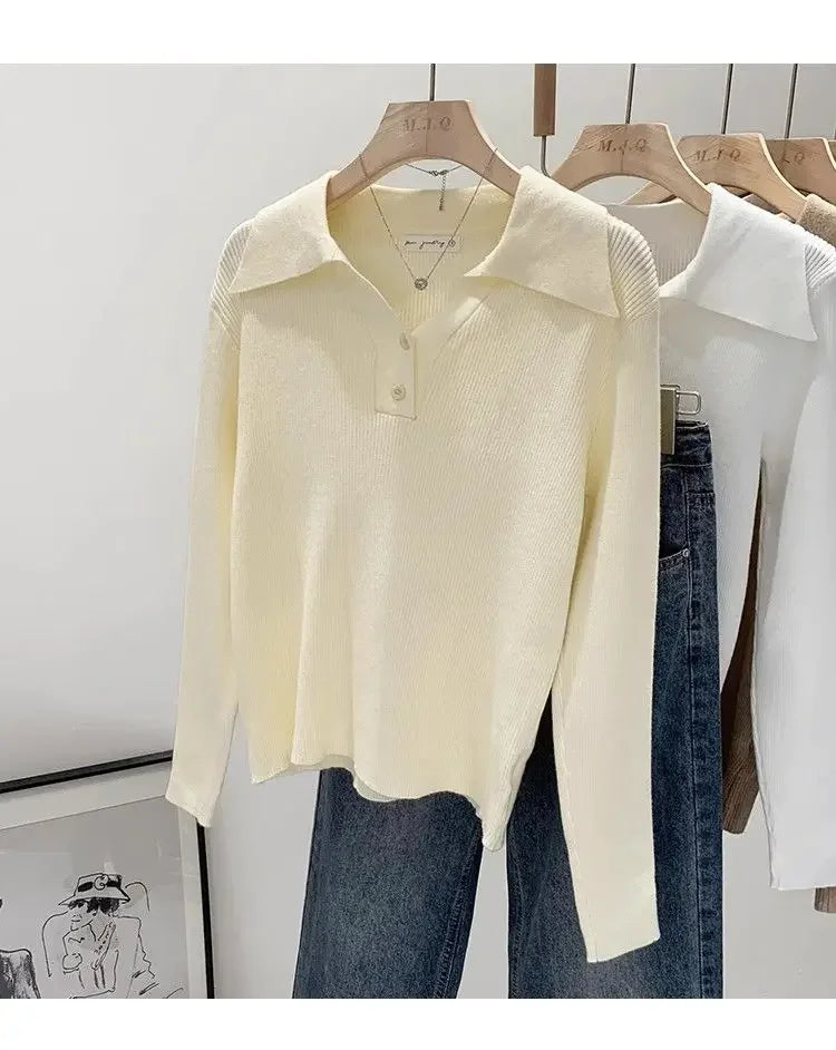 Polo Collar Knit Sweater Women Pullovers Casual Button Front Long Sleeve Rib-knit Jumper Chic Knitwear Trend Autumn Winter Tops