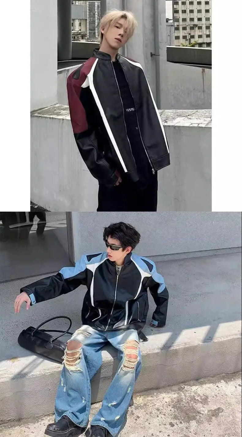 American Retro Motorcycle Jacket Men Women's High Street Spring Autumn Contrasting Color Splicing Design Handsome Bomber Coat