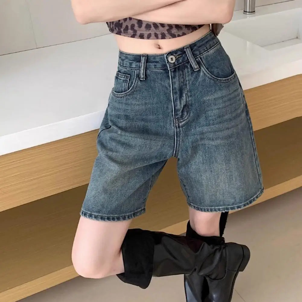 Retro Style Women Denim Shorts High Waist Vintage Washed Straight Wide Leg Button Zipper Knee Length Jeans Shorts Summer