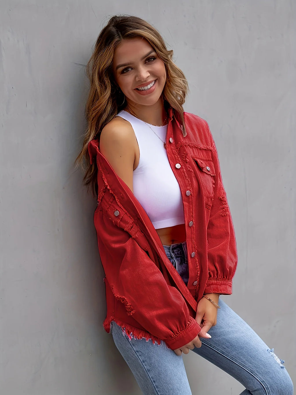 Women's Fashionable Solid Color Mid-Length Ripped Denim Jacket Long-Sleeved Spring Autumn Trend