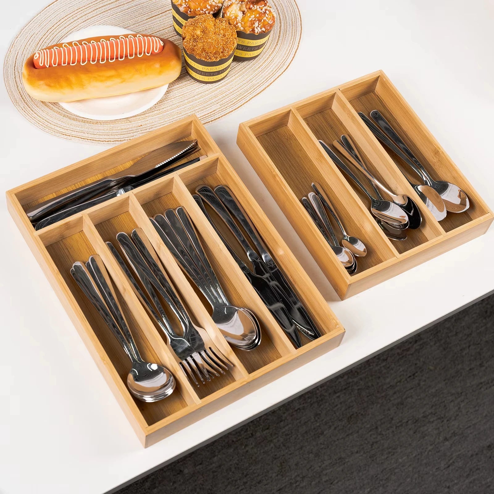 3-grid Bamboo Kitchen Drawer Organizer Knife Box Bamboo Cutlery Storage Box   Divided Storage Box for Tabletop and Drawer