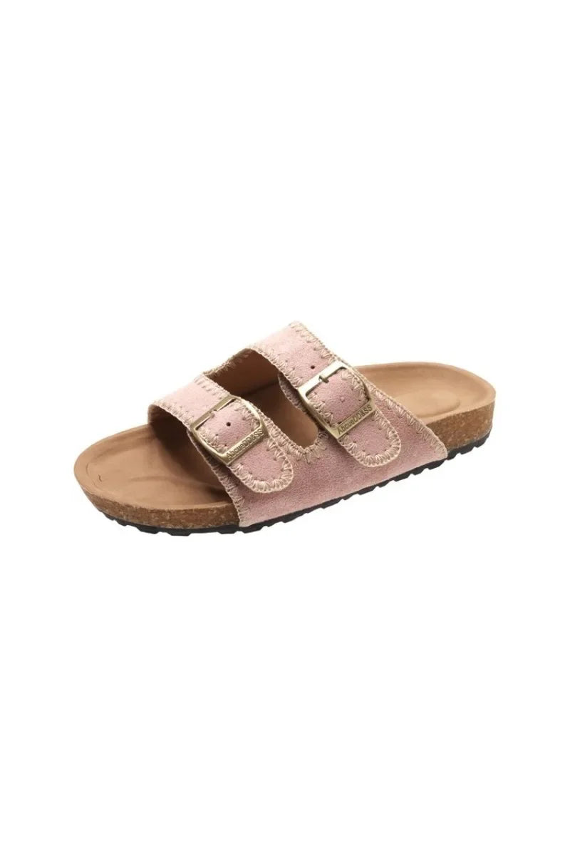 Women's Flat Slide Sandals Open Toe Suede Look Double Buckle Strap Slip on Whipstitch Detail Casual Summer Daily Walking Shoes