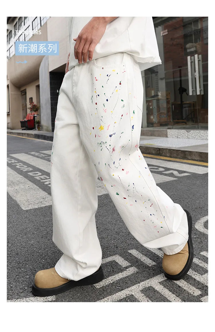 Men's Color Ink White Denim Jeans Cityboy Streetwear Fashion Hip Hop Loose Casual Wide Leg Baggy Jeans Y2k Pants