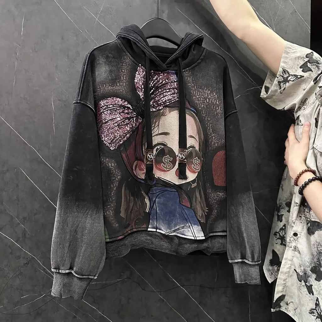 Bow Tie Girl Sequin Design Plus Size Hooded Sweatshirt Europeans American Style Women's Hoodies Autumn Winter Vintage Sweatshirt