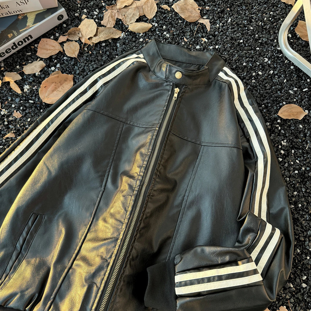 Men's Brown Leather Jacket American Retro Patchwork Striped Outerwear Youthful Style Summer Biker Coat Long Sleeve Zipper Clo...