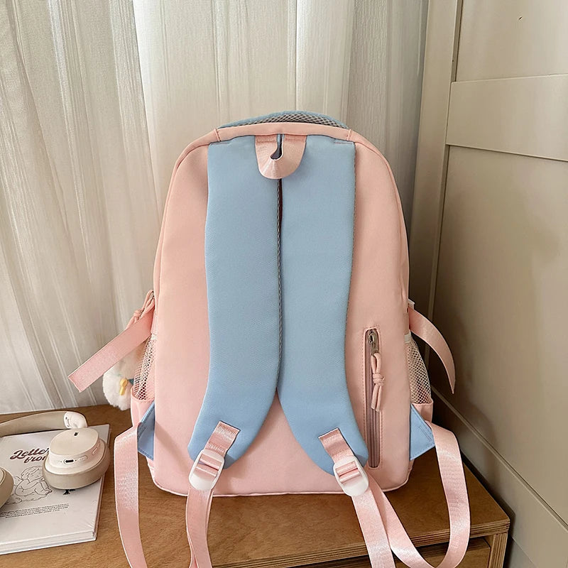 Women's Pastel Color Block Backpack Clear Display Pockets Plush Charm Bow Detail Adjustable Strap Casual Daily Itabag School Bag