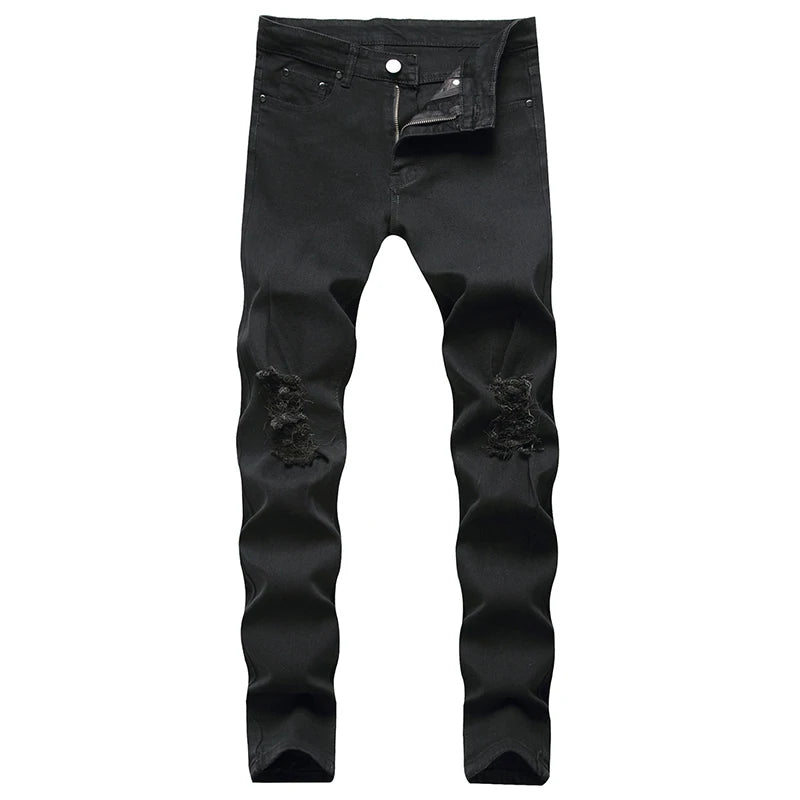 Skinny Stretch Ripped Jeans Men's Distressed Kpop Slim Fit Denim Pants American Street Style Rock Hip Hop White Black Trousers