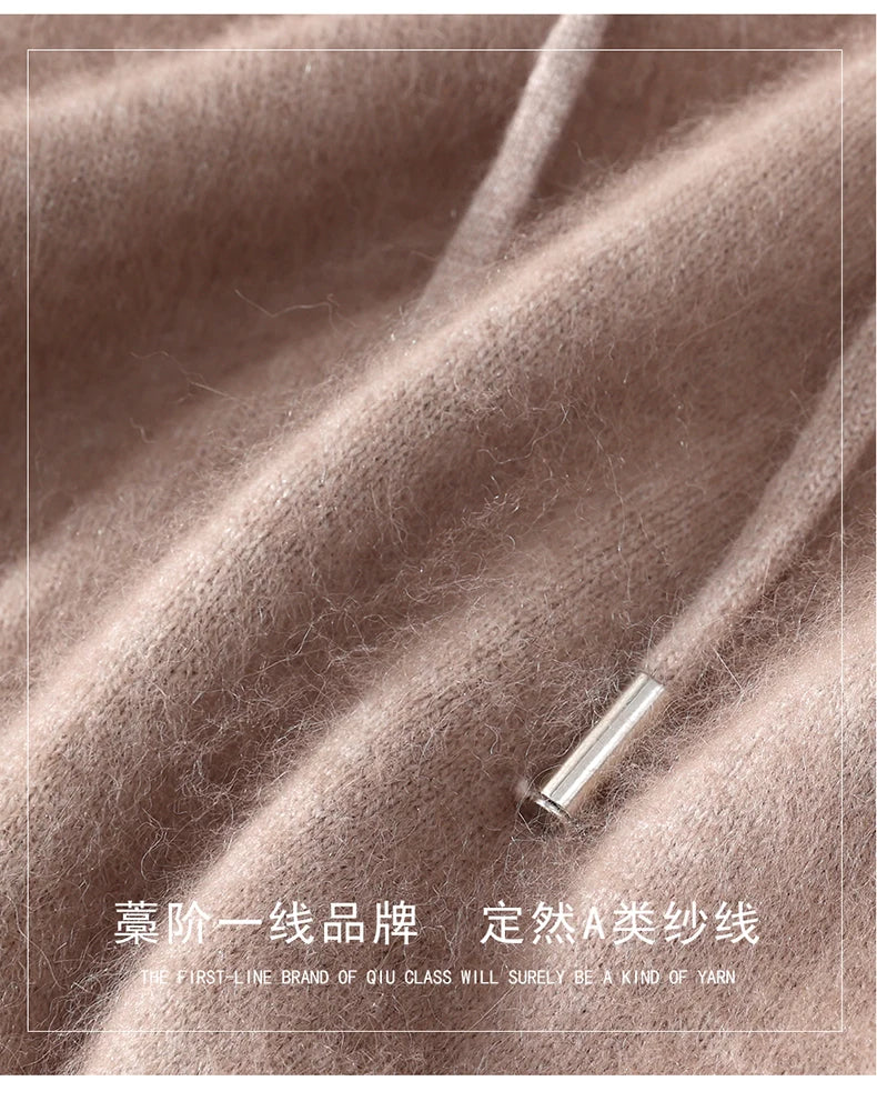 2025 Autumn Winter Hooded Collar Mink Cashmere Knitted Sweater Men's Drawstring Pullover High-End Thick Casual Sweater Loose Fit