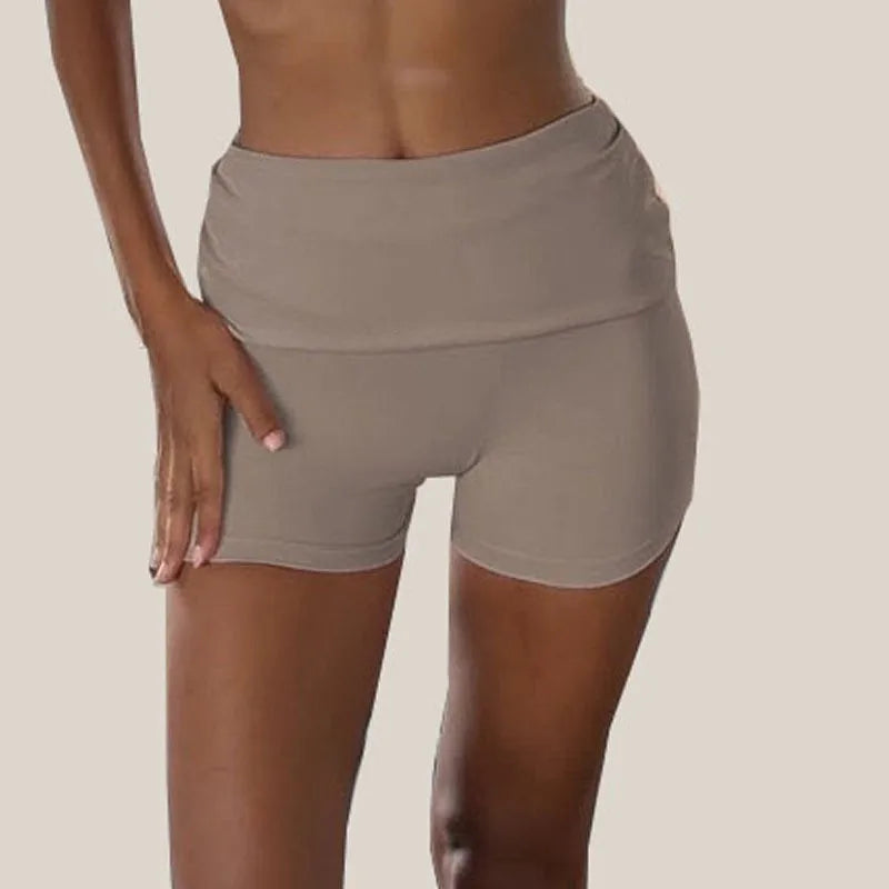 PMWRUN Women Fold Over Waist Biker Shorts High Waisted Ruched Design Soft Stretchy Breathable For Yoga Gym Workout Casual Wear