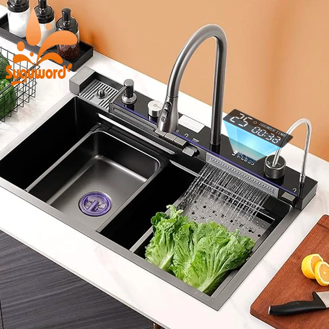 Kitchen Sink Faucet Large Integrate Digital Display Multi-Function Buttons Waterfall Soap Dispenser Cup Washer Kitchen Sink