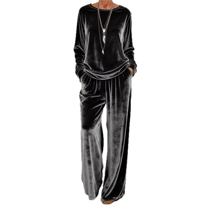 2026 Women Spring Autumn Velvet Two Piece Suit Fashion Solid Color O-Neck Top+Wide Leg Pants Set Ladies Loose Comfortable Outfit