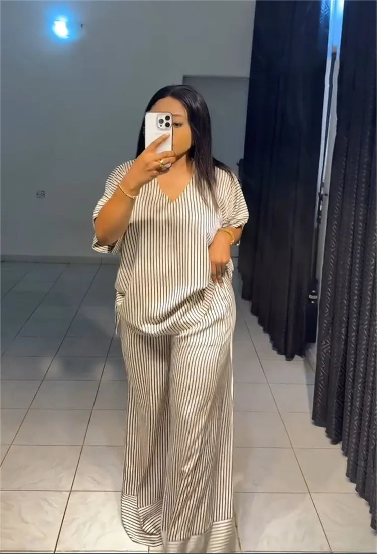 Pant Set Women Two Piece Sets V Neck Short Sleeve Drawstring Shirt Striped Wide Leg Long Pants Elastic Waist Y2k Streetwear 2026
