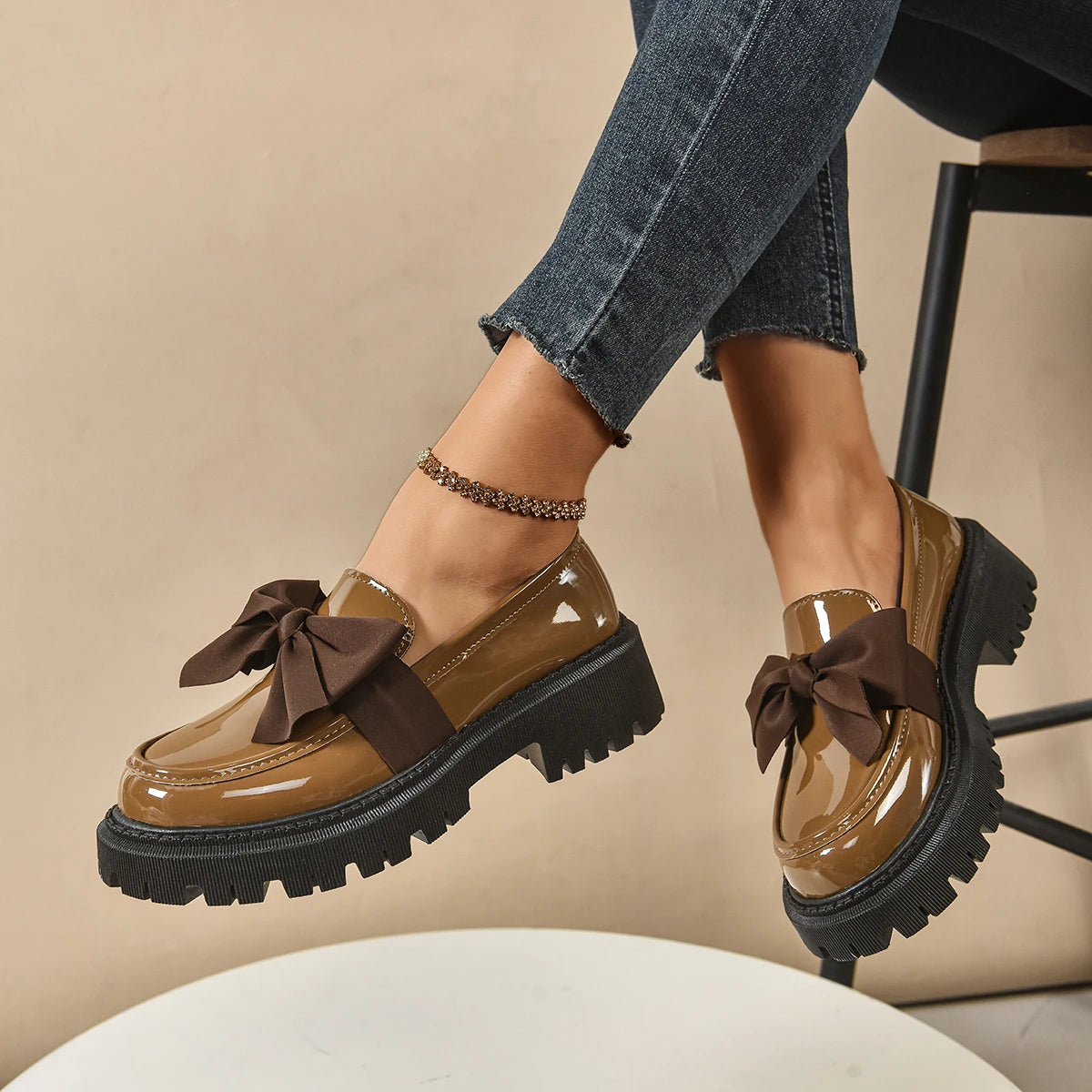 Women's British Style Loafers bowknot Chunky Heel Leather Flats Autumn Slip-On Shoes Versatile Work Shoes Platform Oxford 636