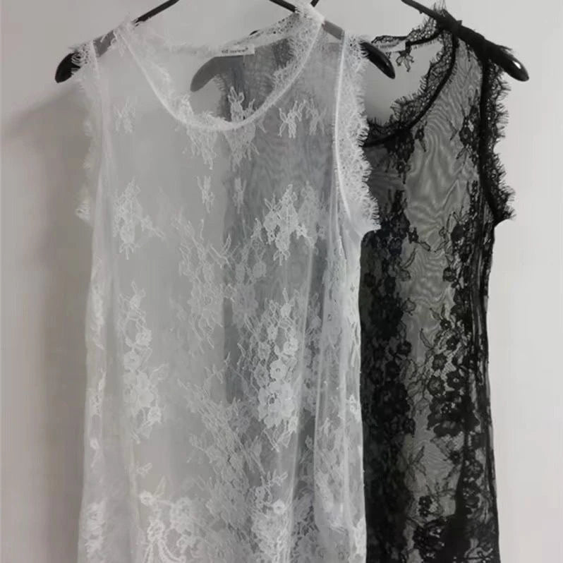 Loose Lace Me Base irt Top Thin Hollow out Long Vest Spring Summer New Korean Sle Women's Faion Casual round Ne Dr