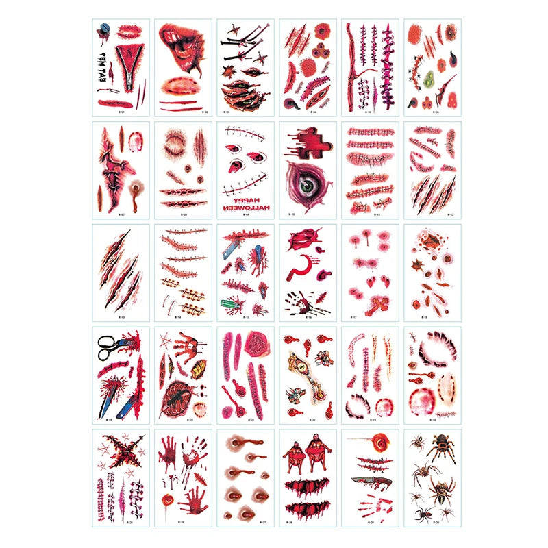 30 PCS Halloween Party Waterproof Temporary Tattoos Stickers For Women Men 3D Reality Vampire Blood Scar Design Tattoo Stickers