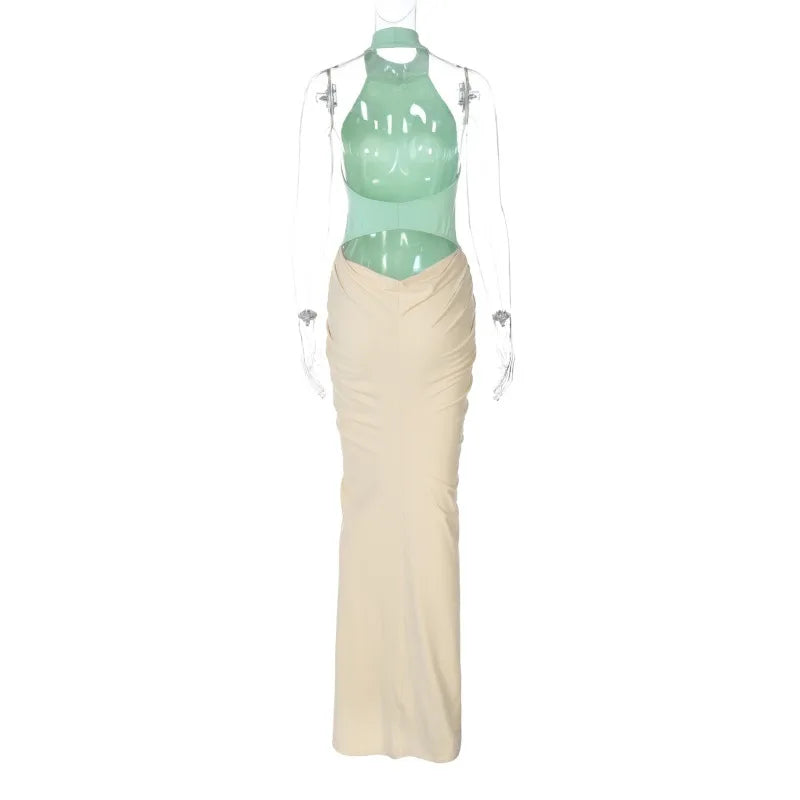 BOOFEENAA Patchwork Halter Backless Maxi Dress for Dinner Evening Gown Sexy Elegant Party Dresses for Woman Fall 2025 C15-CH41