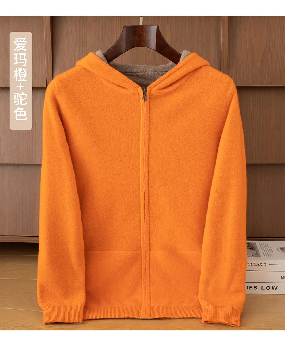 Double-Sided Cashmere Hooded Cardigan For Men Autumn And Winter Wearing Sweater Thickened Pure Wool Knitted Loose Zipper Coat