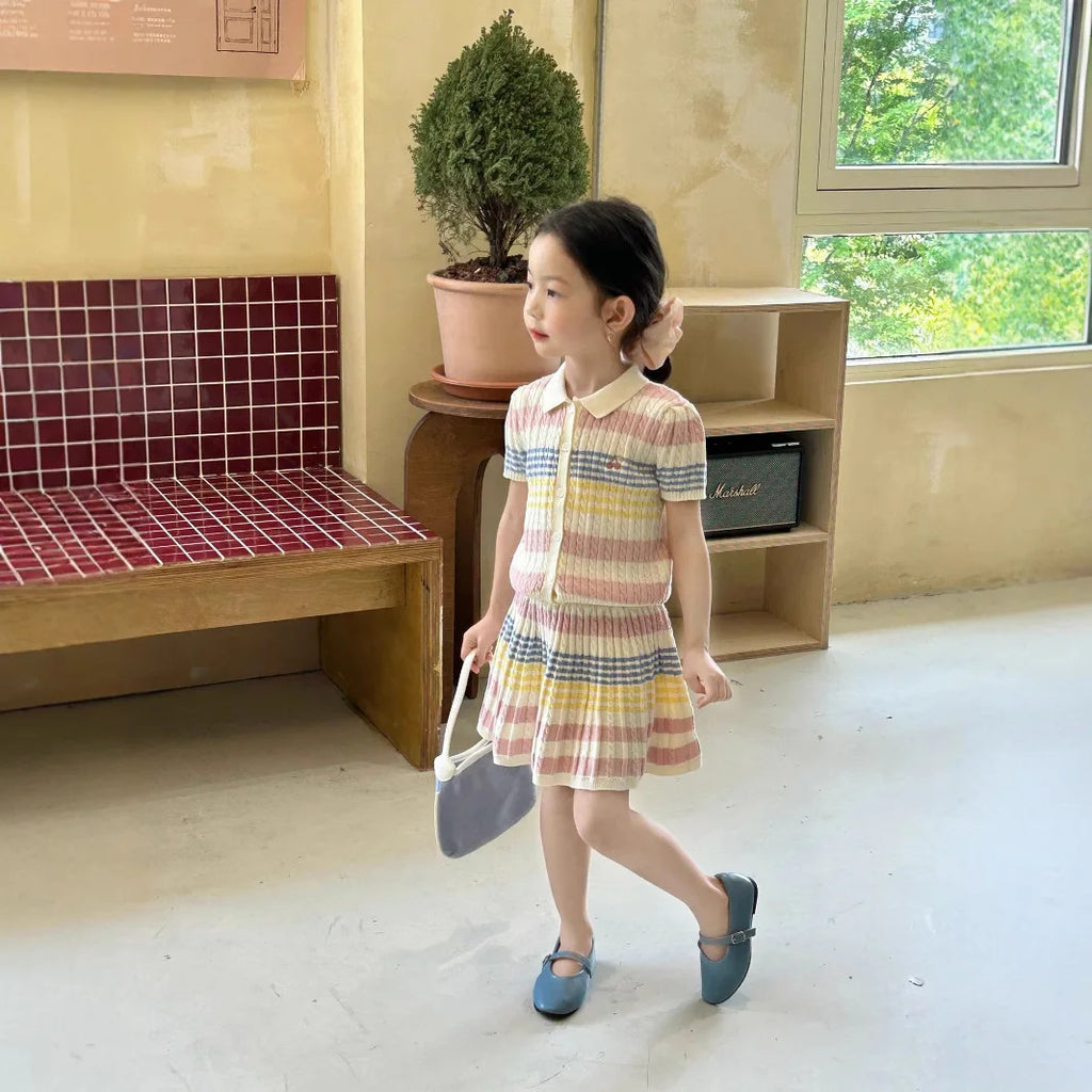 Girls Suit 2025 Summer New Childrens Clothing Korean Style Girl Baby Stripe Tie-in Color Cardigan Skirt Two Sets of Casual Daily