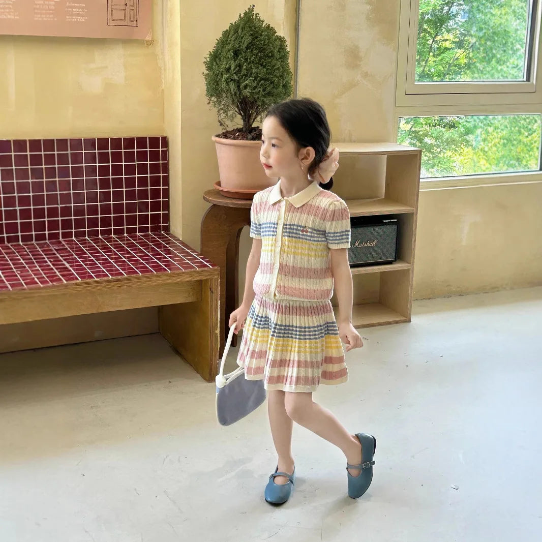 Girls Suit 2025 Summer New Childrens Clothing Korean Style Girl Baby Stripe Tie-in Color Cardigan Skirt Two Sets of Casual Daily