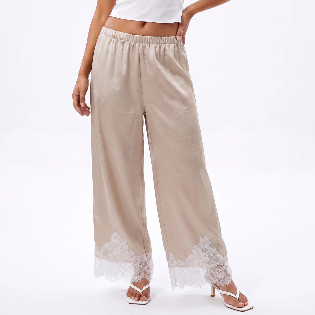 Lace Trim Wide Leg Pants for Women Casual Loose Stain Elastic Waist Trousers 90s Streetwear Y2K Coquette Bottoms