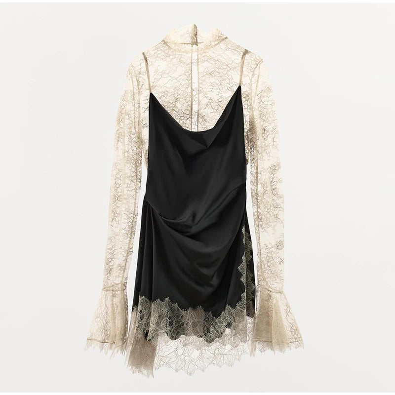 Elegant Sexy Lace Patchwork Mini Dress Women Full Flared Sleeve Waist Cinching See Through Short Dresses Lady Club Party Gowns