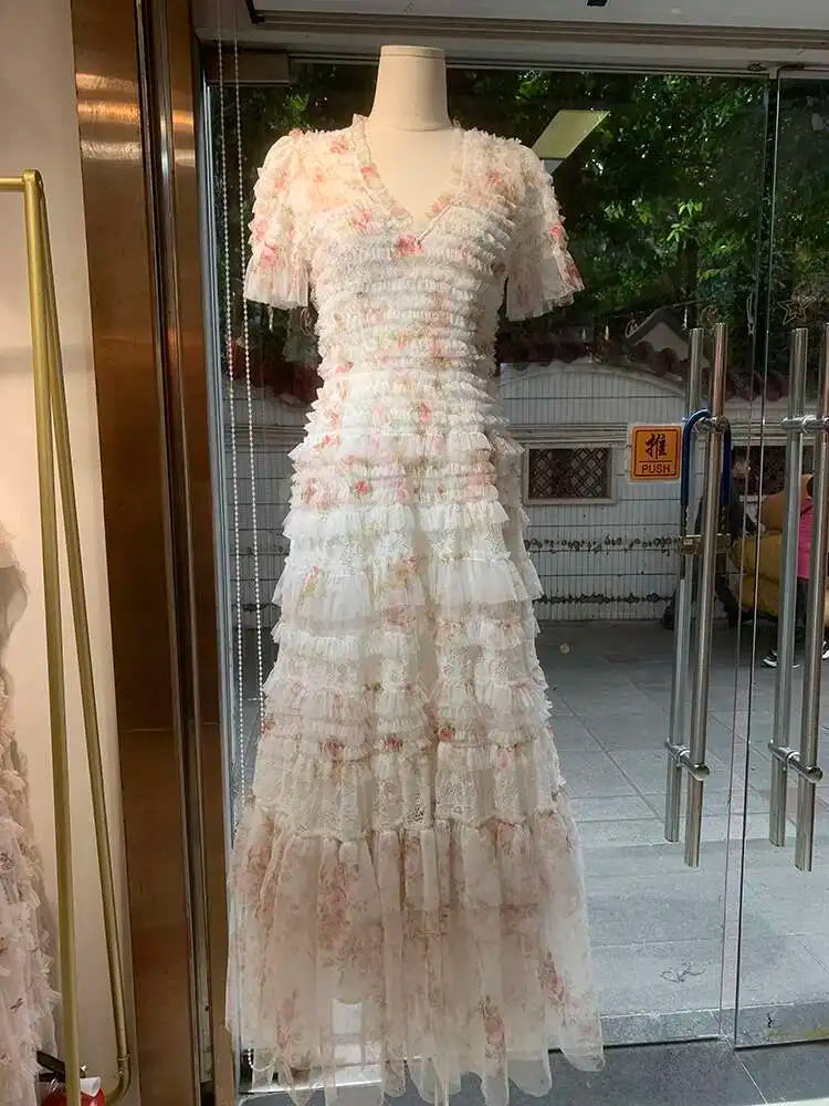 Eshin Elegant Midi Dress Short Sleeve Summer Spring New Fashion Design Women Runway Mesh Ruffles V-Neck Party High Street TH6731