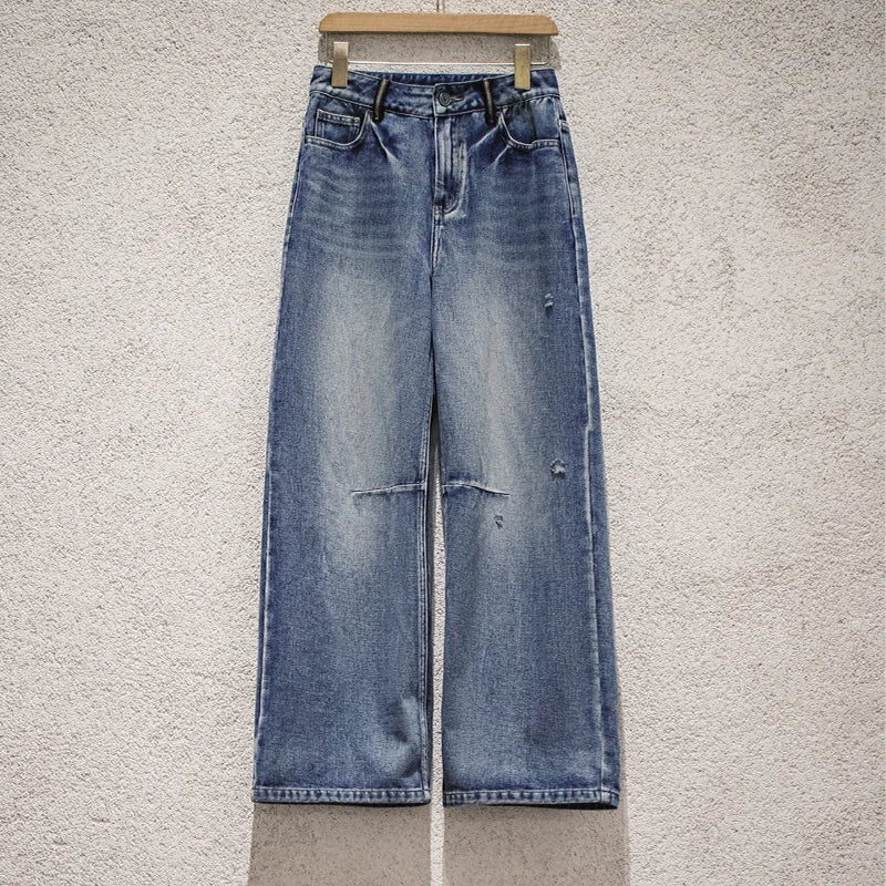 Maden Women's Vintage Low Waist Denim Jeans Heavyweight Washed Casual Long Pants with YKK Zipper for Spring and Autumn