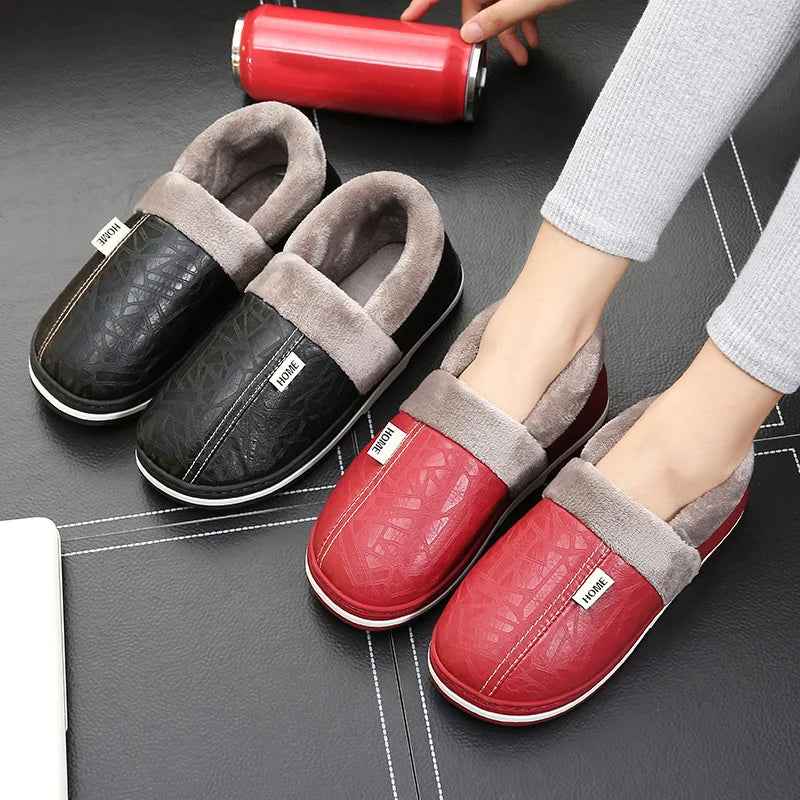 Big Size 50-51 Men Slippers Winter PU Leather Warm Indoor Waterproof Home Furry Flats Couples Slides Bedroom Non Slip Shoes