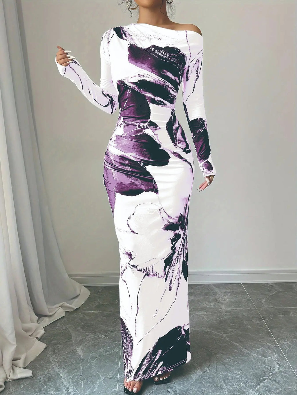 European and American 2025 Autumn New Printed Long Skirt Temperament Slim Long Sleeve Dress