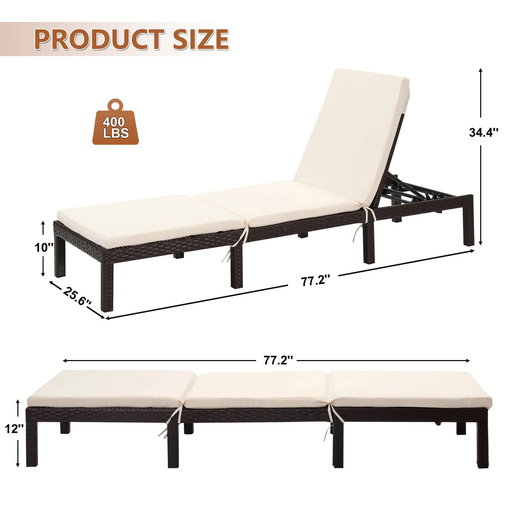 Outdoor Rattan Chaise Loungers with Adjustable Cushion Backrest Pool Terrace Deck