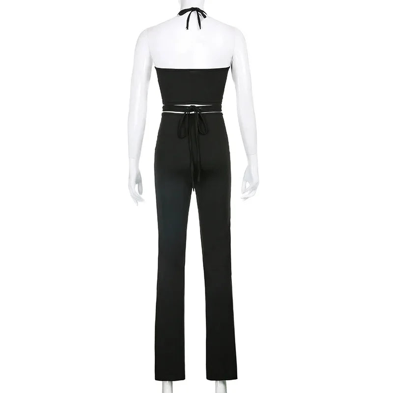 Solid 2 Piece Sets Womens Outfits Neck-mounted Halter Top Low Waist Long Pants Set Conjuntos Feminino Elegante Ensemble Femme