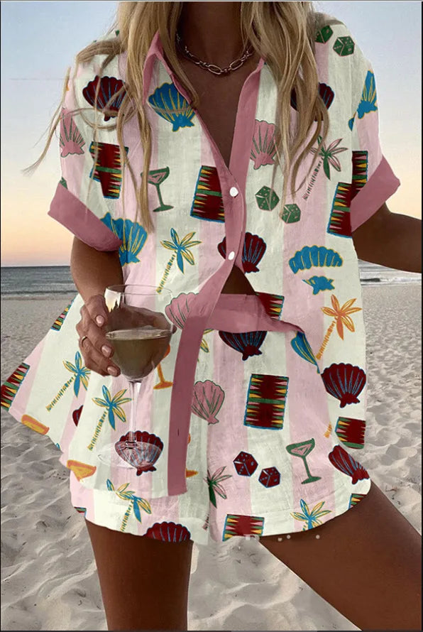 Fashion Print Beach Holiday 2 Piece Set Women Summer Short Sleeve Shirt Top Wide Legs Shorts Women's Oversize Two Piece Outfit