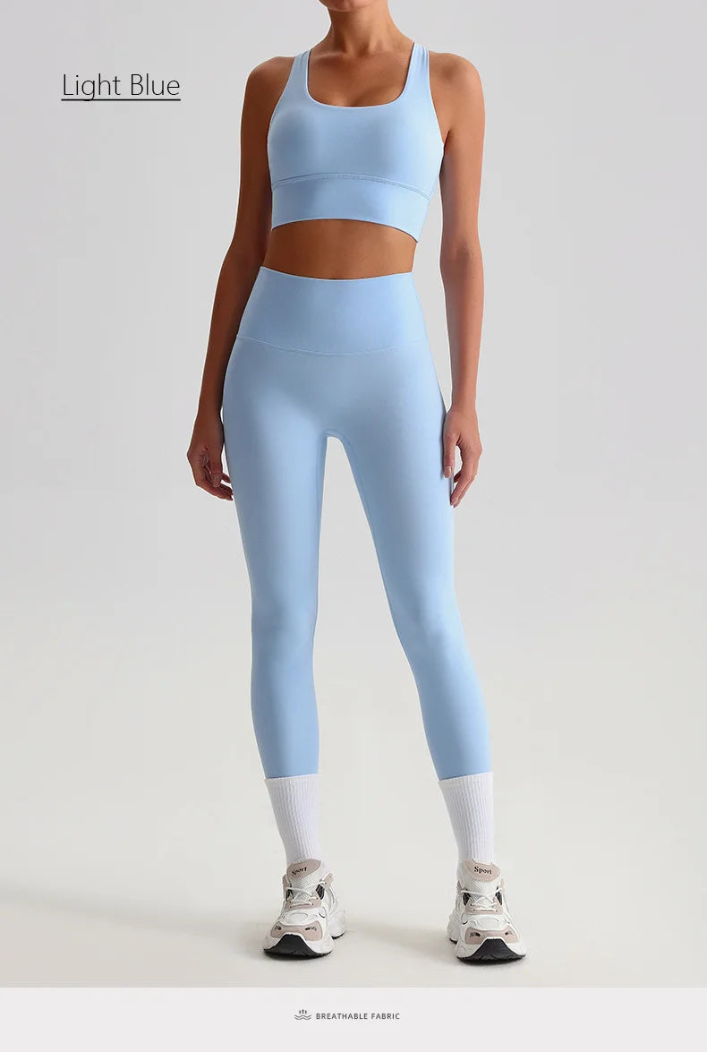 Naked Feel Yoga Set Women Fitness Sportswear 2 Piece Strappy Sports Bra High Waist Gym Leggings Workout Outfit Active Wear