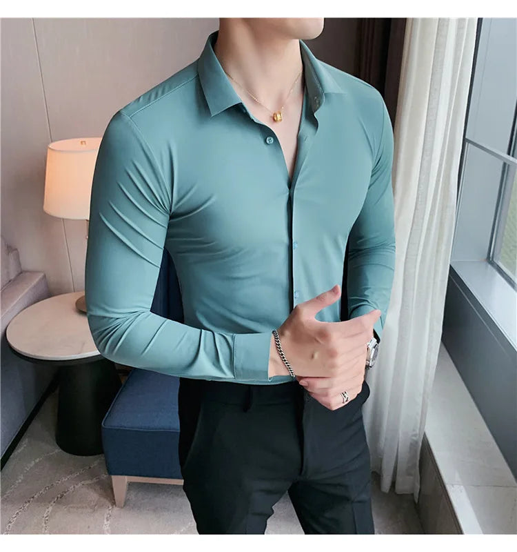 Men's Ultra Stretch Seamless Long Sleeve Shirt Top Quality Business Casual Breathable Stretchable Solid Color Formal Dress Shirt
