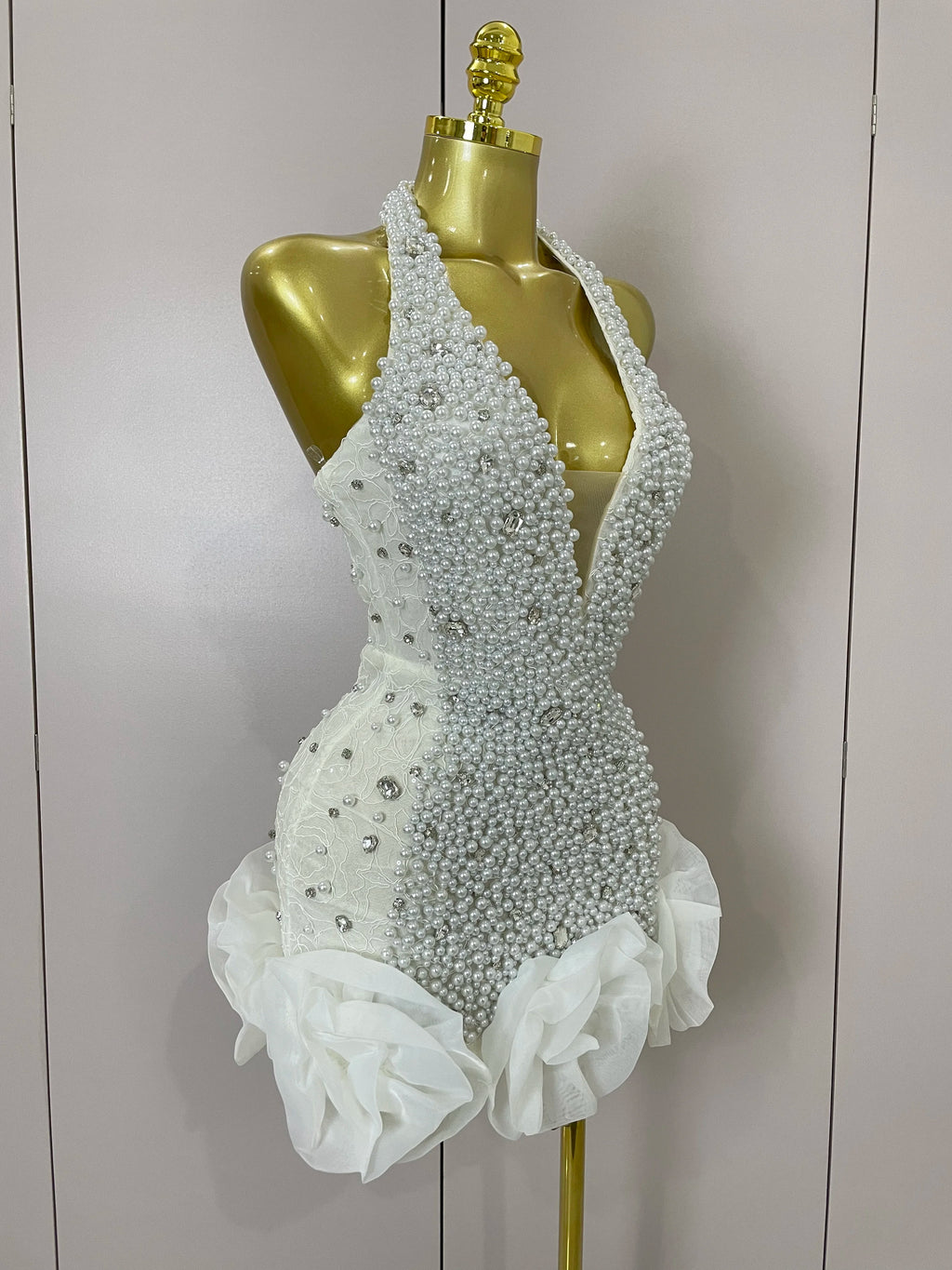 High Quality Luxury Shiny Diamonds Pearl Flowers Deep V Halter Short Dress Women Celebrate Eveing Celebrity Birthday Party Dress